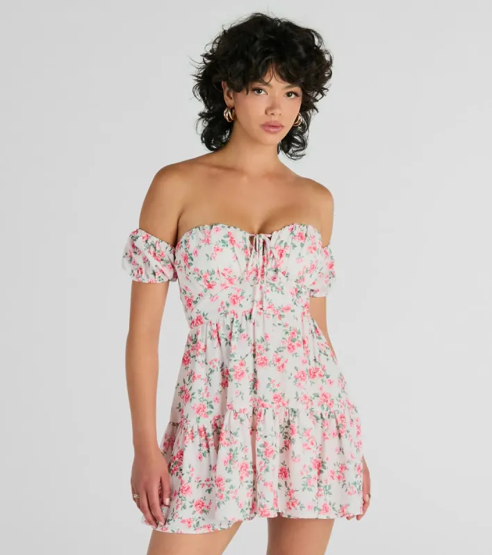 Profound Bloom Off-The-Shoulder Floral Skater Dress sold by Windsor