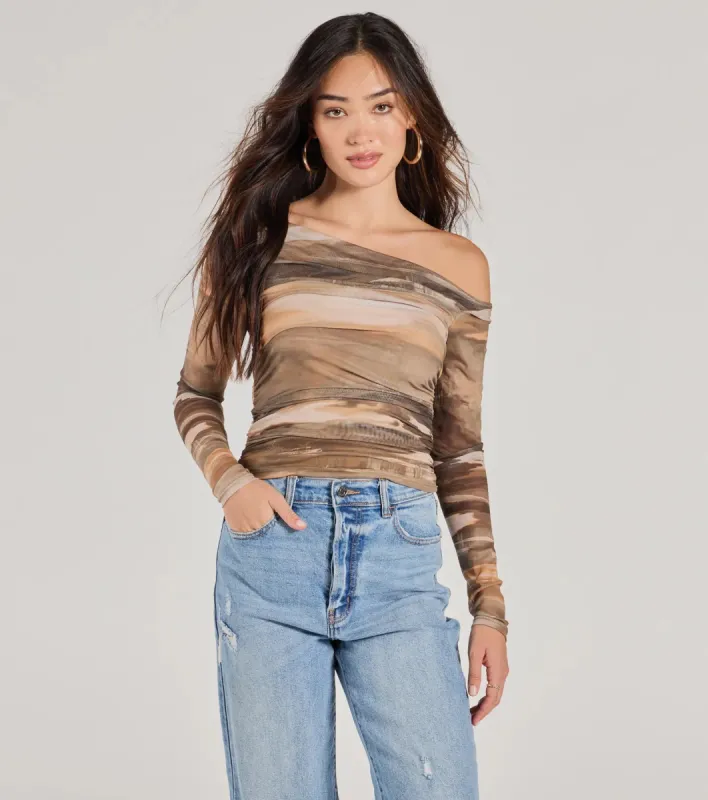 Trendy Abstract Mesh Off-Shoulder Top sold by Windsor