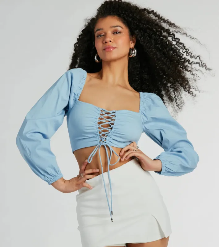 CLEARANCE - Laced-Up Babe Long Sleeve Crop Blouse sold by Windsor