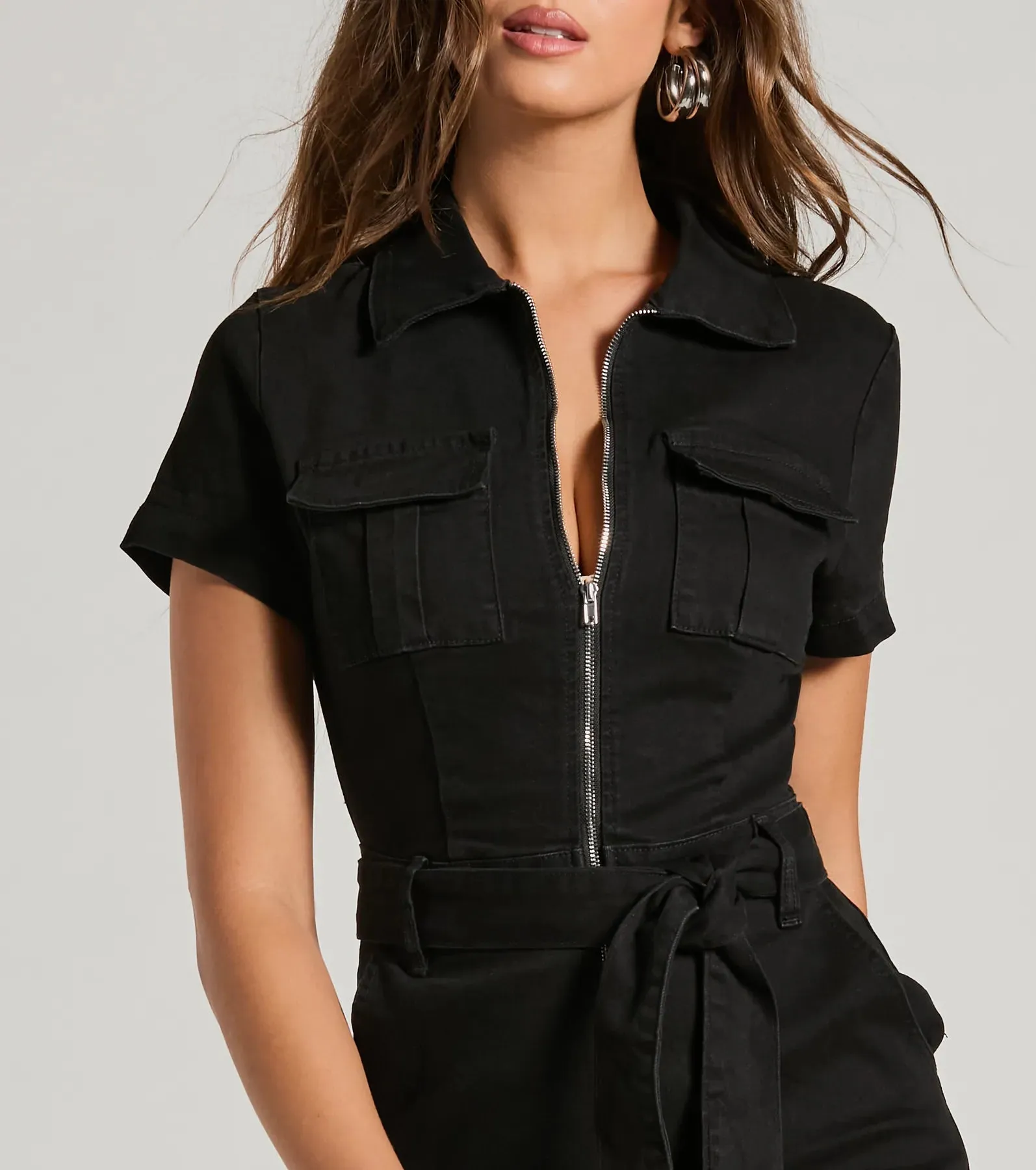 Done In One Zip-Front Tie-Waist Denim Romper sold by Windsor product image thumbnail 4