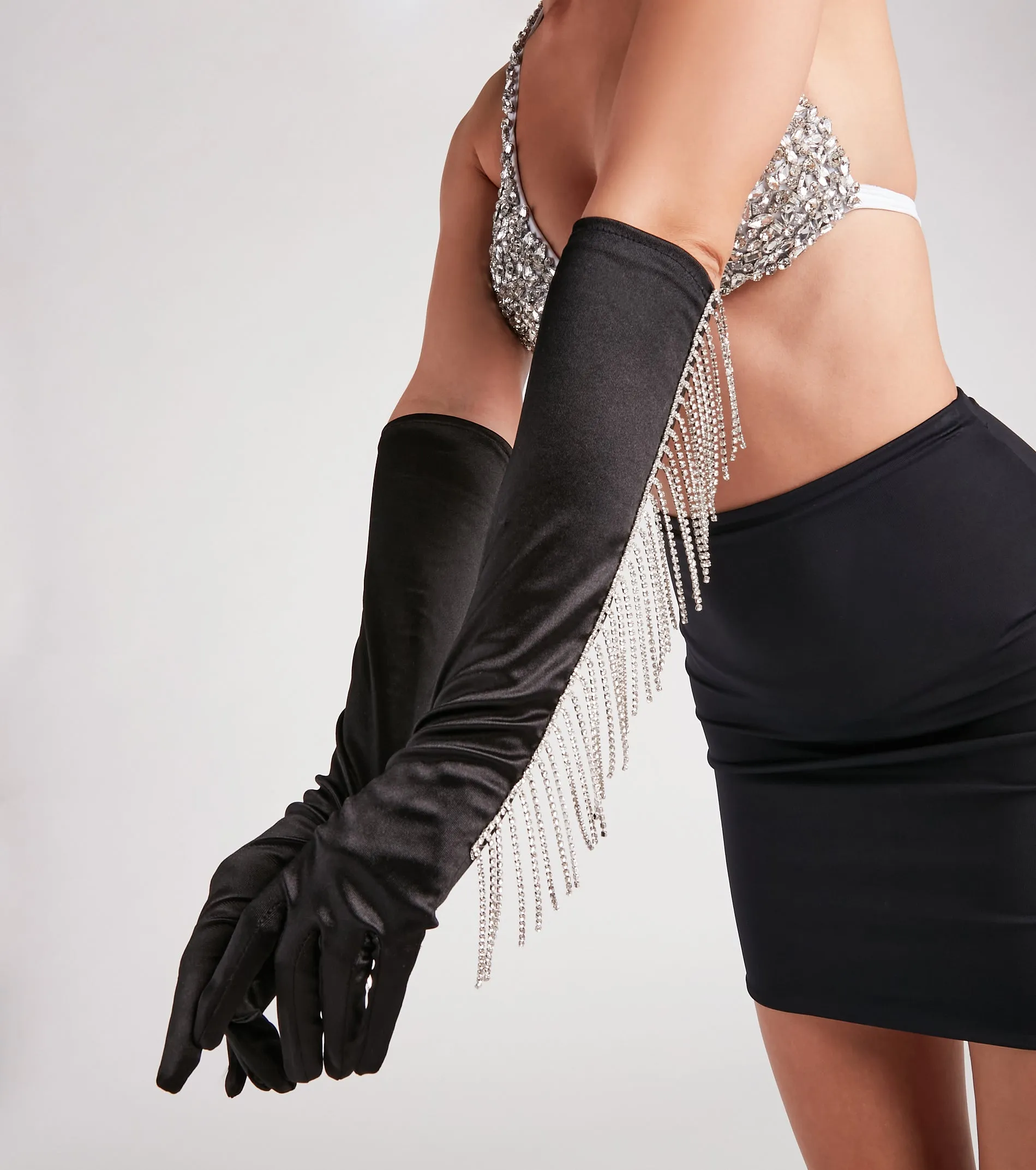 Such A Showstopper Rhinestone Fringe Satin Gloves sold by Windsor