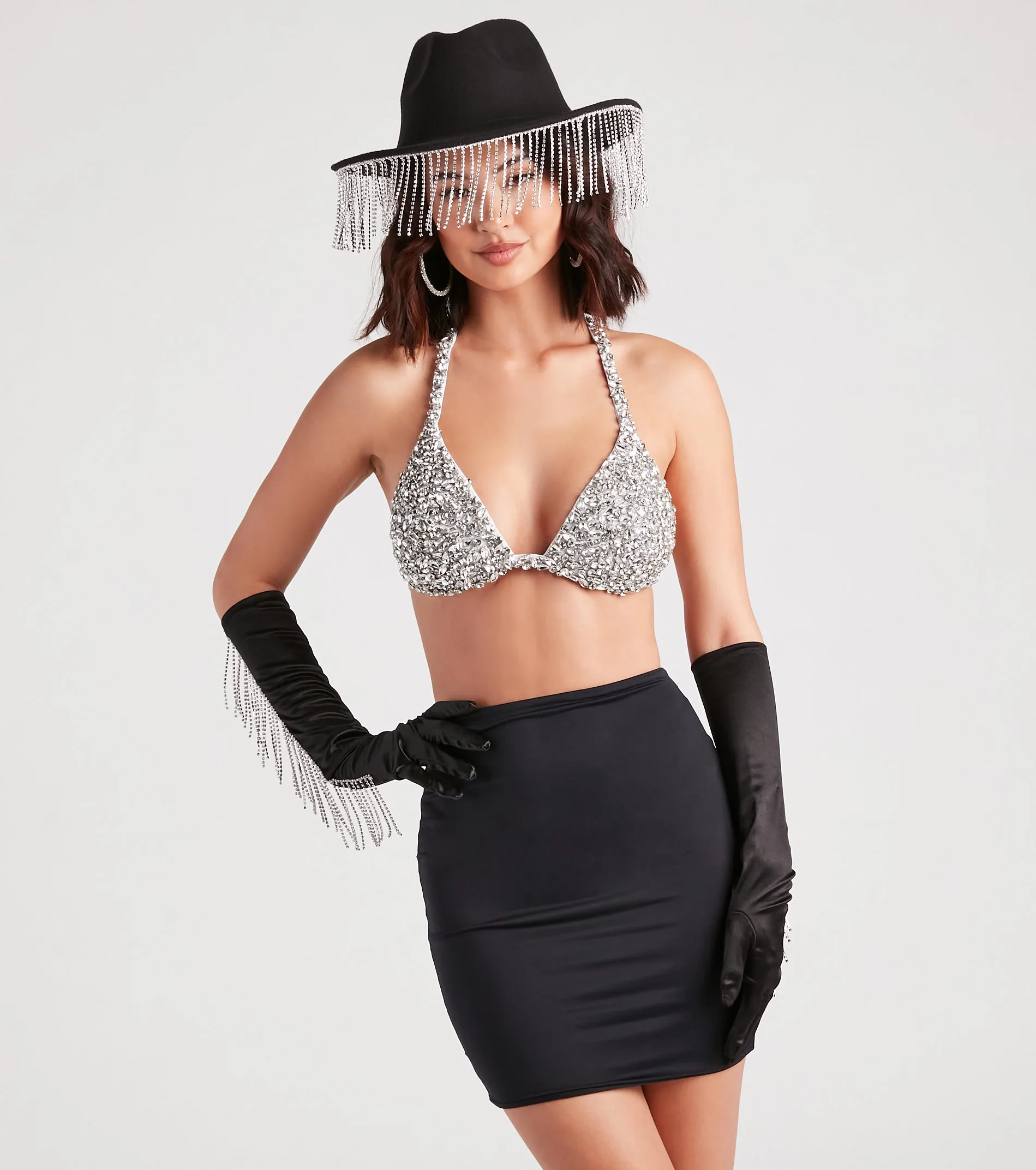 Such A Showstopper Rhinestone Fringe Satin Gloves sold by Windsor product image thumbnail 3