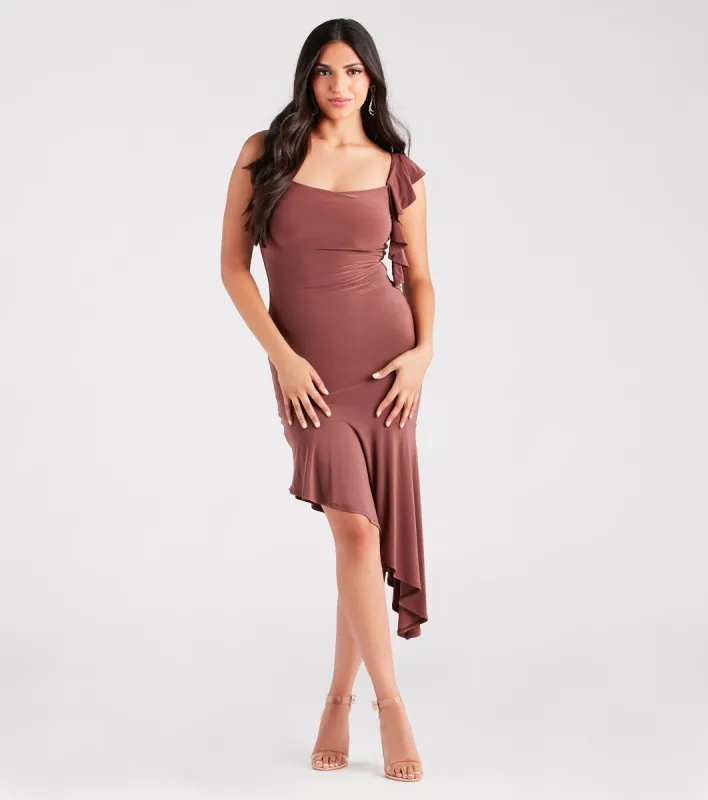 Looking Lovely Cowl Ruffled Midi Dress sold by Windsor
