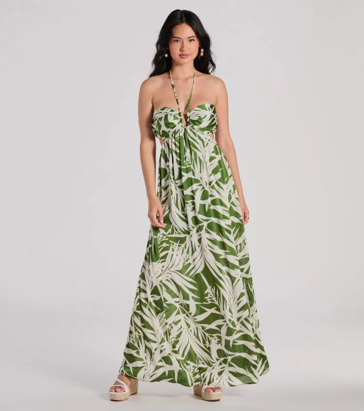 Bright Beauty Halter Cutout Tropical Maxi Dress sold by Windsor