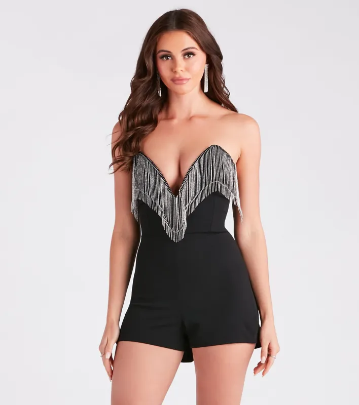 After-Dark Fab Chain Fringe Strapless Romper sold by Windsor