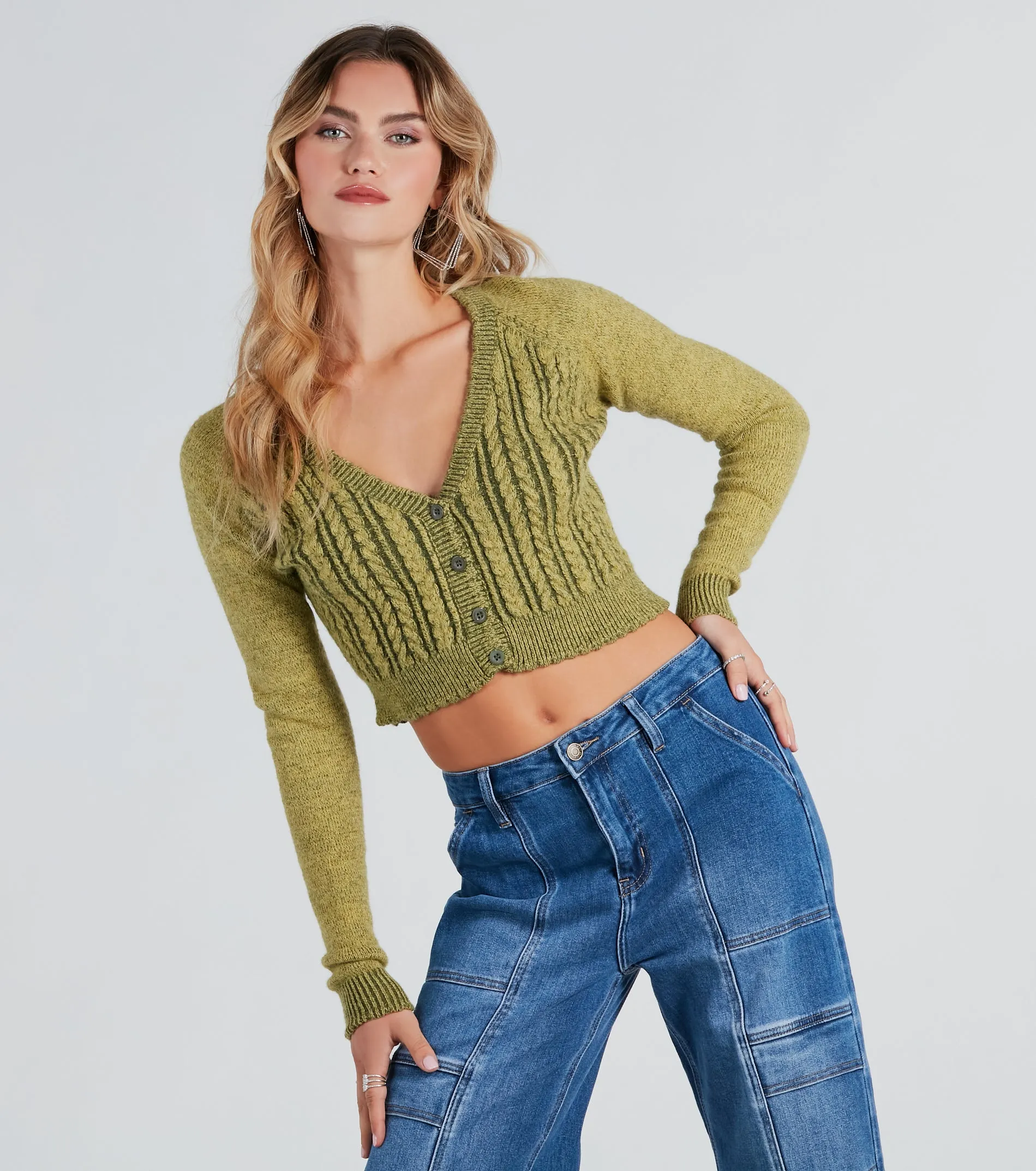 Fashionable Cozy Cable Knit Crop Cardigan sold by Windsor