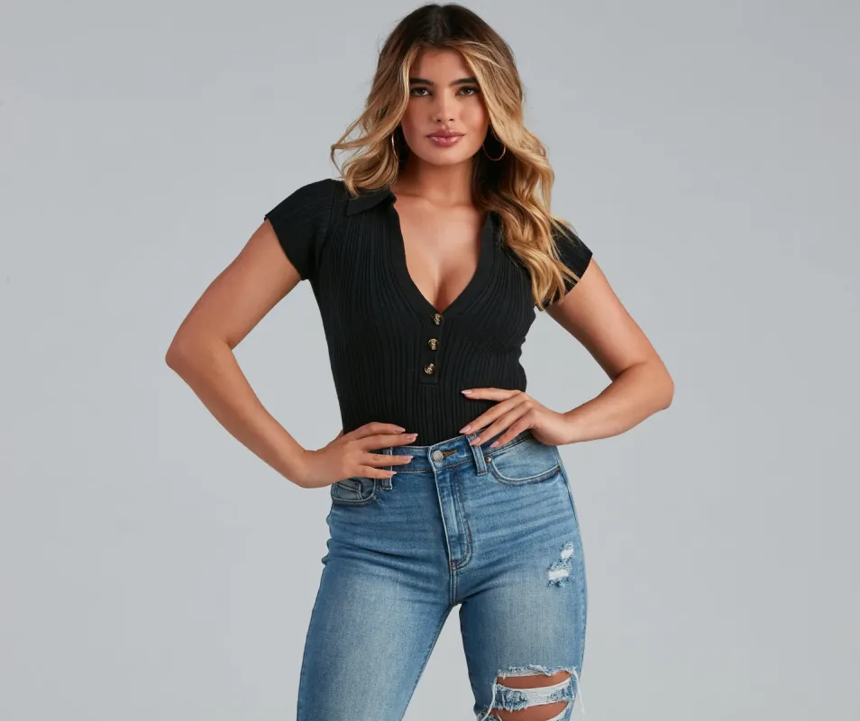 Cute Casual Collared Knit Bodysuit sold by Windsor