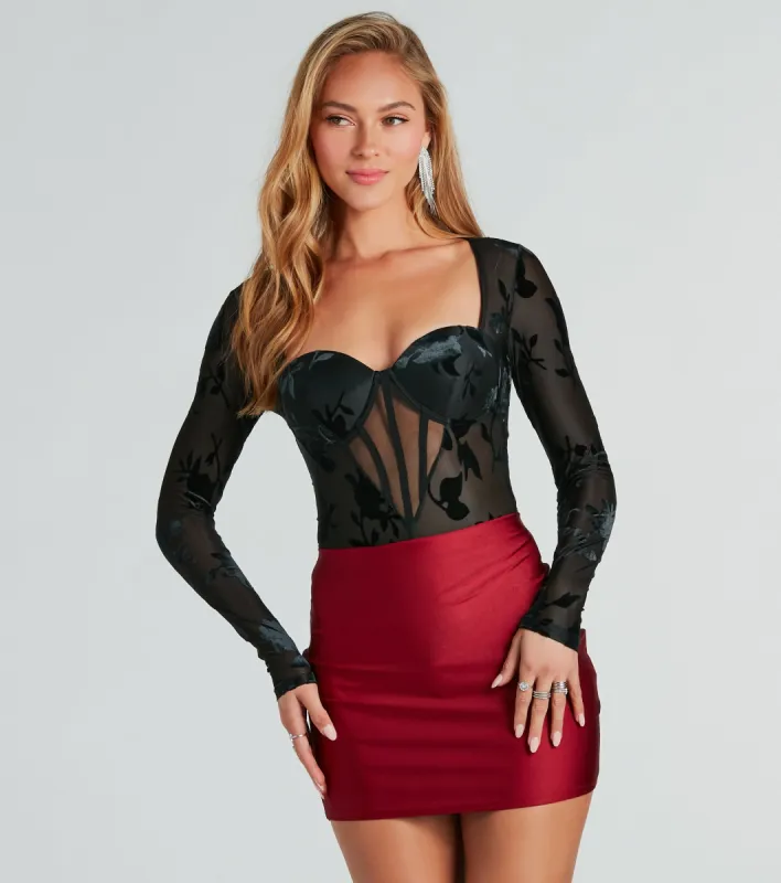 Sultry Beauty Floral Velvet Burnout Bodysuit sold by Windsor