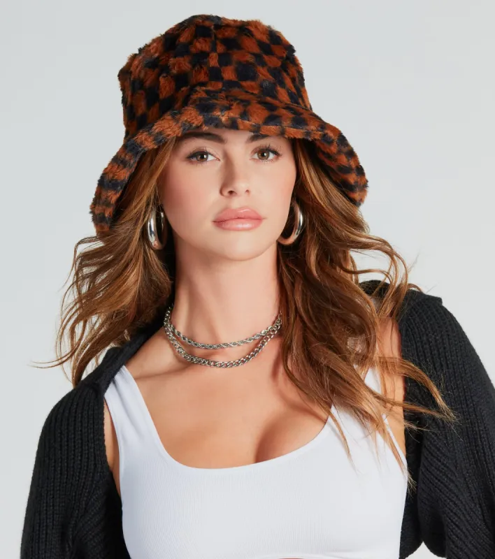 Cuddly Cute Checkered Faux Fur Bucket Hat sold by Windsor