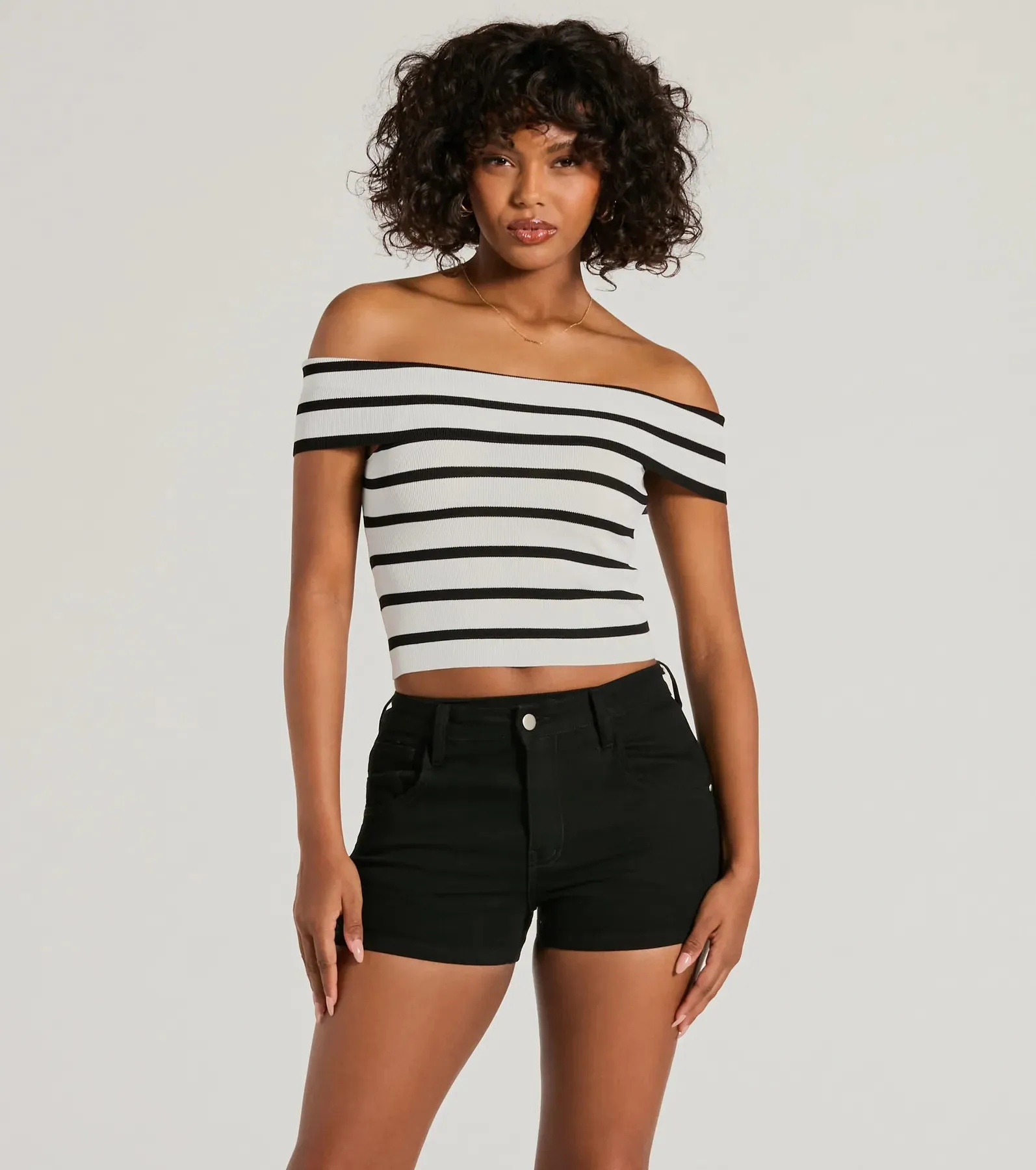 Just Your Stripe Off-The-Shoulder Crop Top sold by Windsor