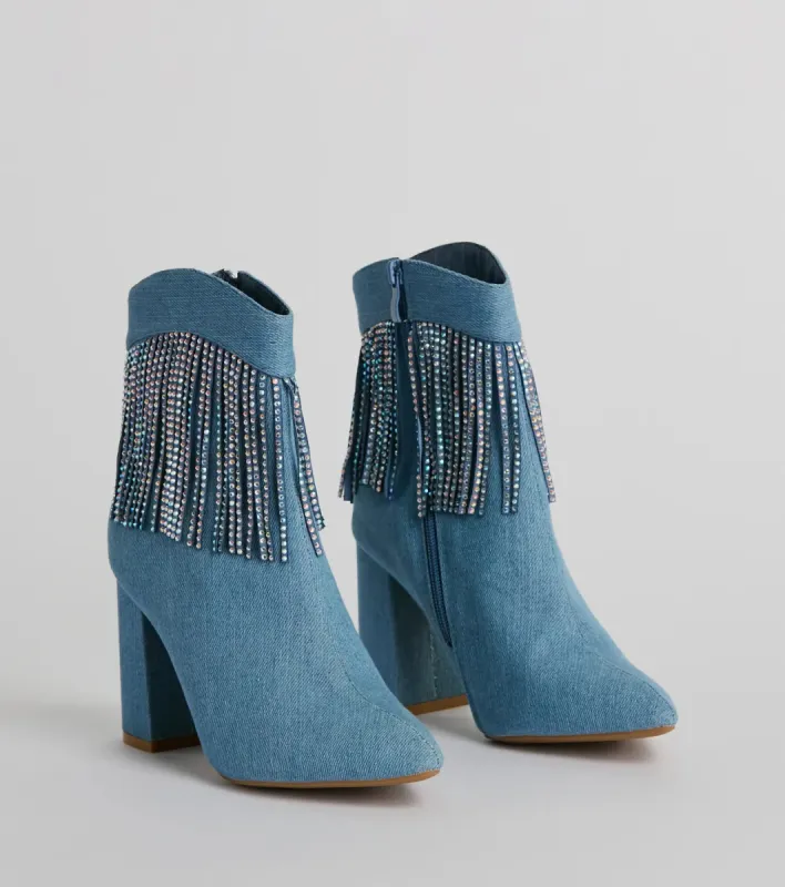 Glam Digs Rhinestone Fringe Western Denim Booties sold by Windsor