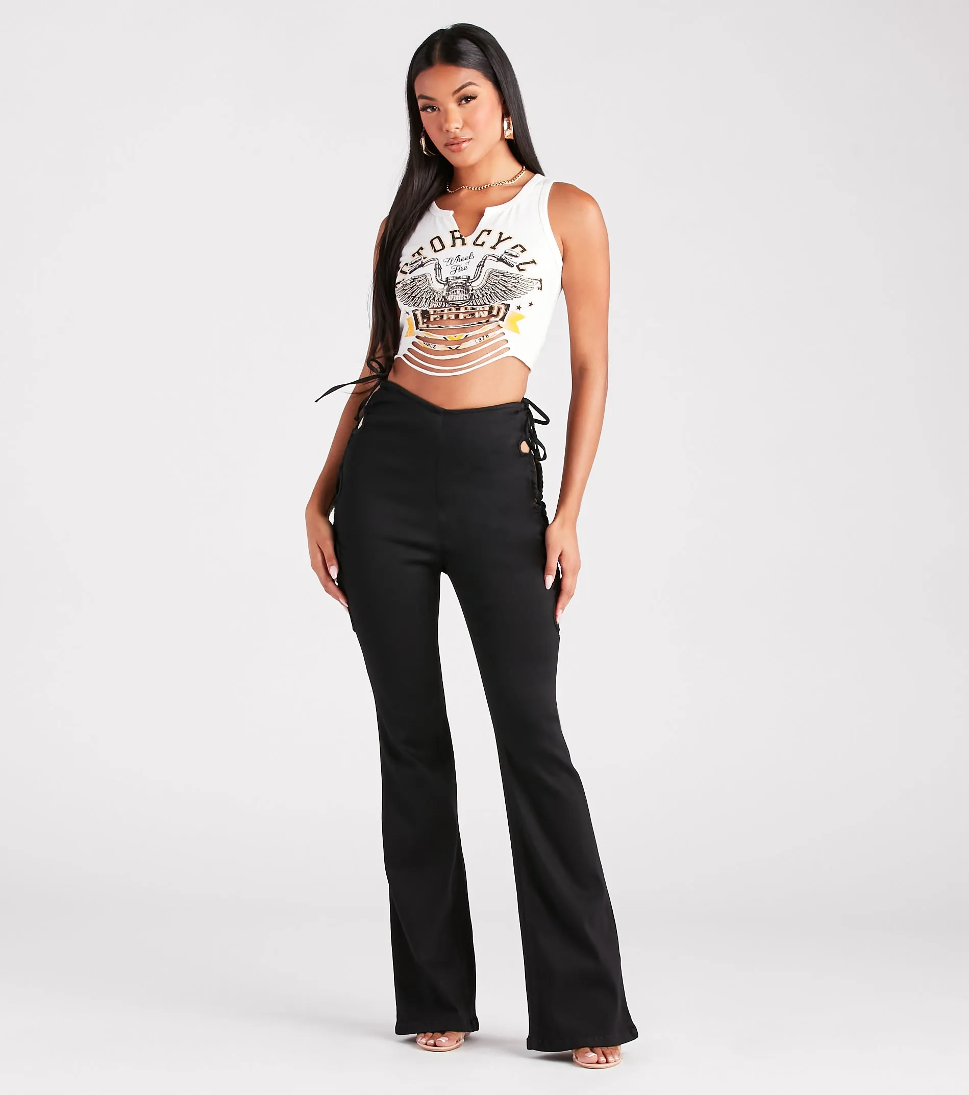 Stroll The City Mid Rise Lace-Up Flare Pants sold by Windsor