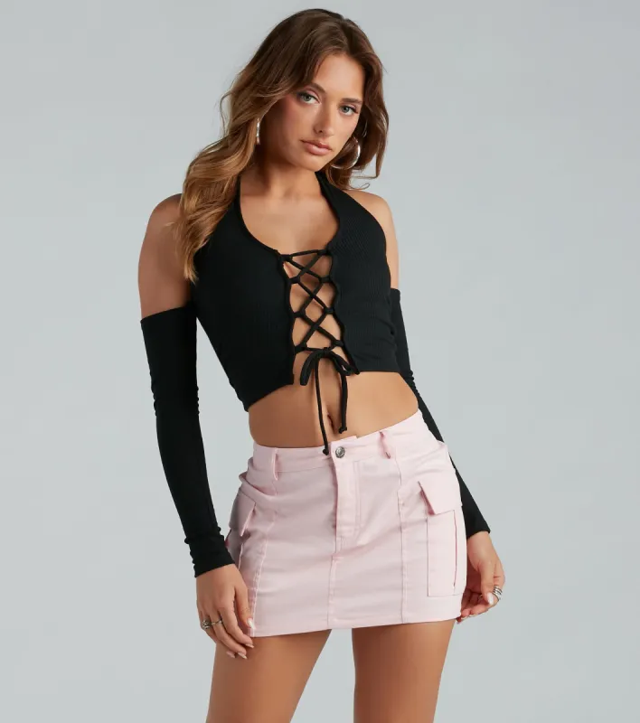 CLEARANCE - Cool Girl Ties Lace-Up Cold Shoulder Crop Top sold by Windsor