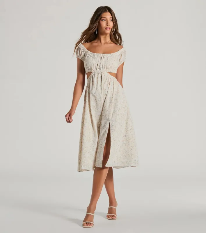 Watch Me Bloom Off-The-Shoulder Floral Midi Dress sold by Windsor