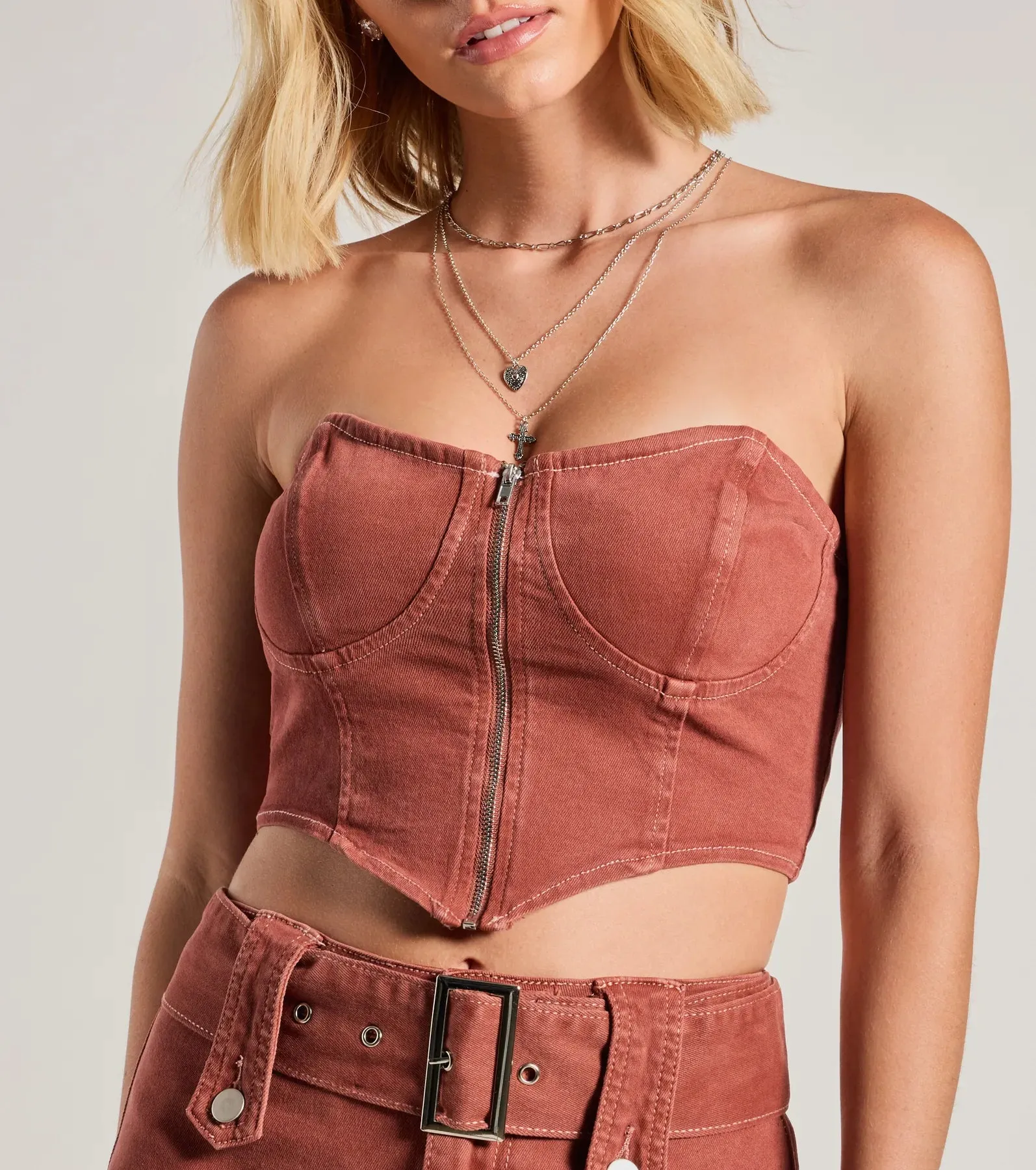 Carefree Cool Strapless Zip-Up Denim Crop Top sold by Windsor product image thumbnail 4