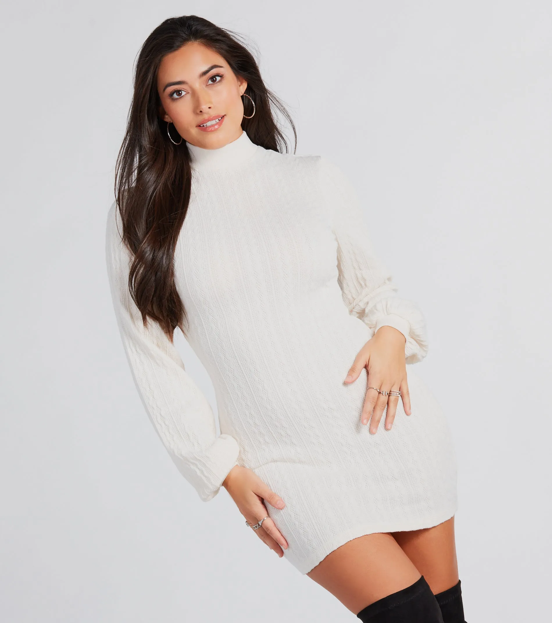 CLEARANCE - Winter Beauty Cable Knit Mock Neck Mini Dress sold by Windsor