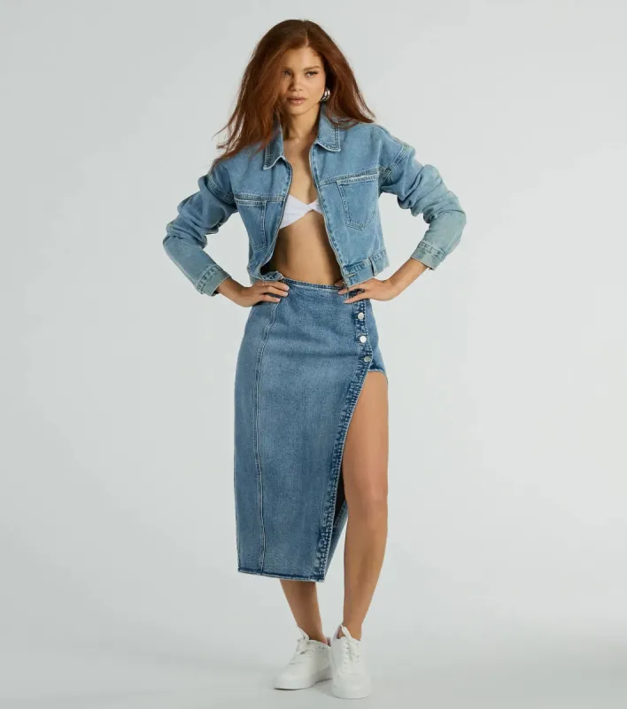 Fab Style Icon High Slit Denim Midi Skirt sold by Windsor