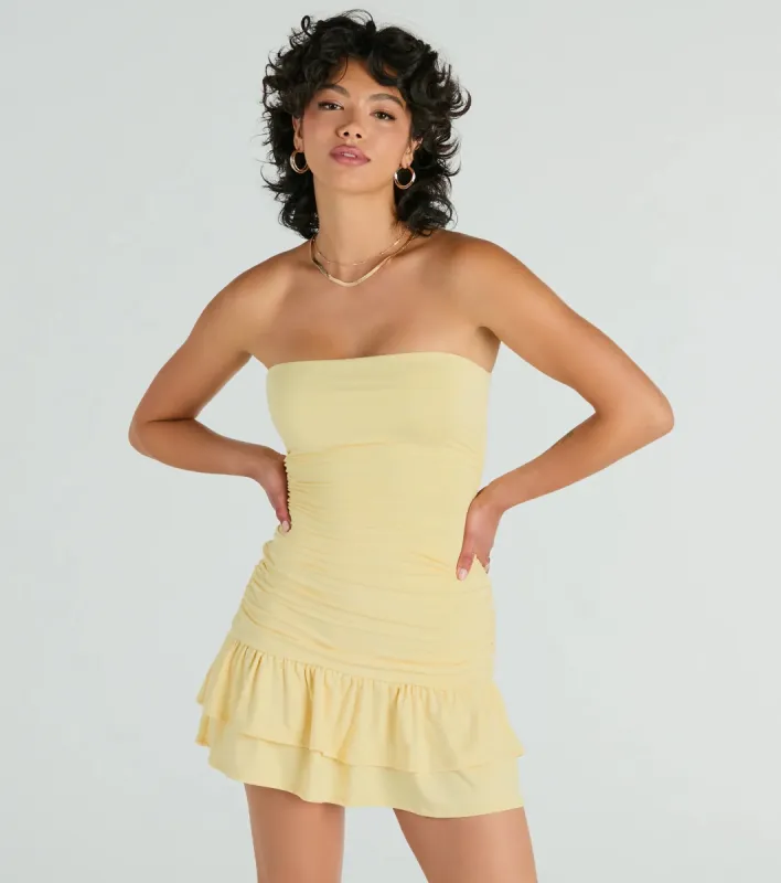 Here Comes The Sun Strapless Ruffled Mini Dress sold by Windsor