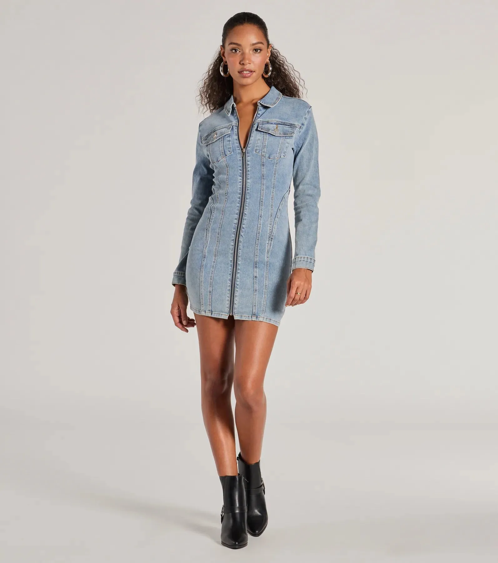 Sweet Looking Long Sleeve Denim Mini Dress sold by Windsor product image thumbnail 3