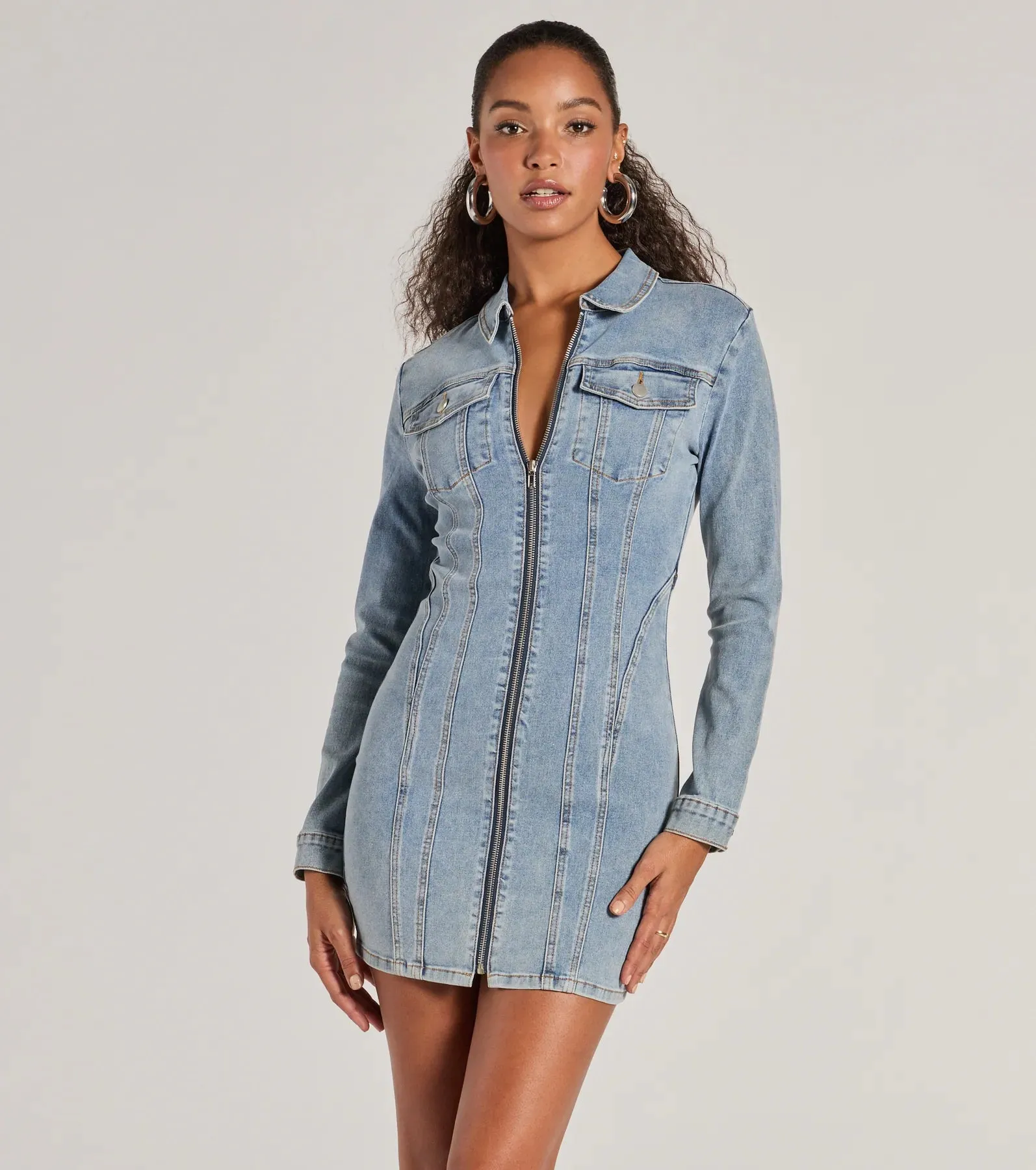 Sweet Looking Long Sleeve Denim Mini Dress sold by Windsor