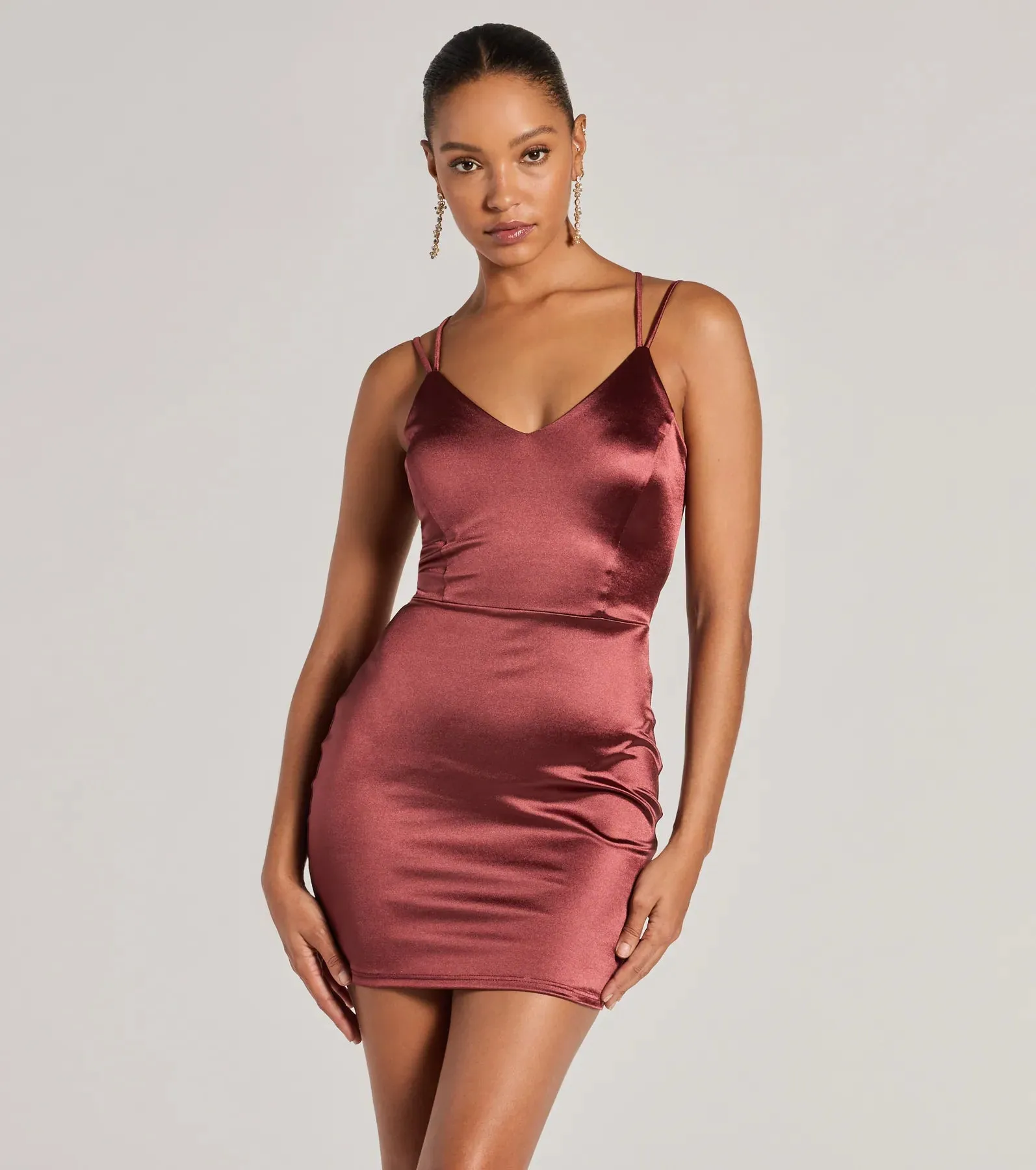 Simply A Stunner Lace-Up Bodycon Satin Mini Dress sold by Windsor