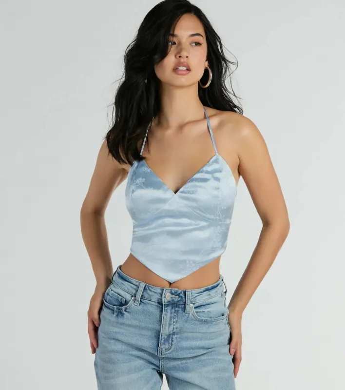 Romantic Effect Halter Tie Back Floral Satin Top sold by Windsor