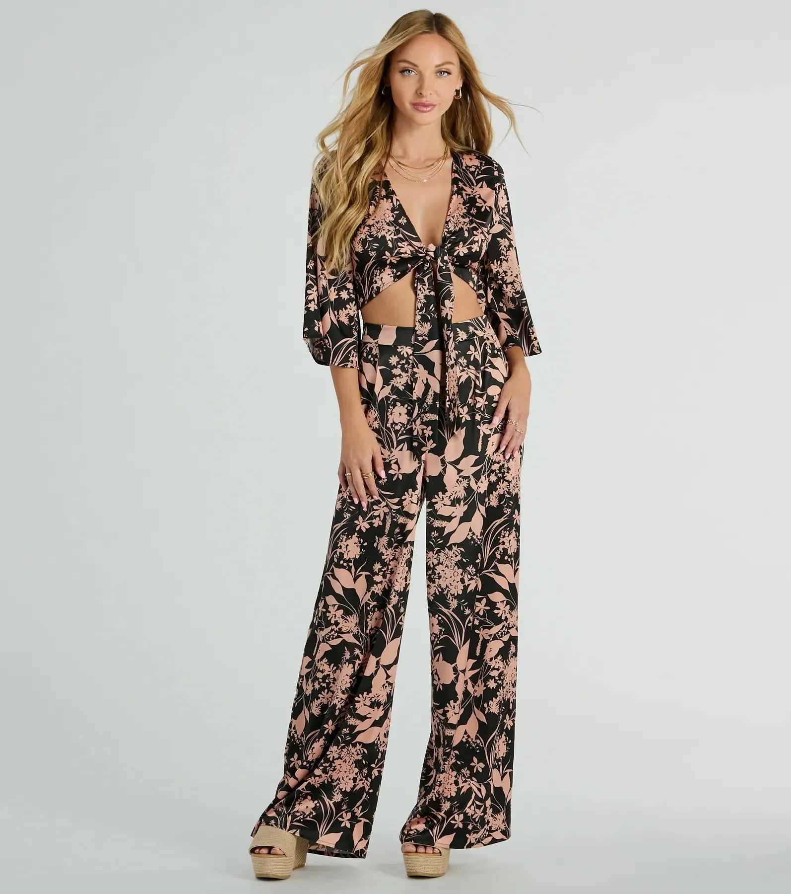 Flawless Floral Kimono Tie-Front Satin Crop Top sold by Windsor product image thumbnail 3