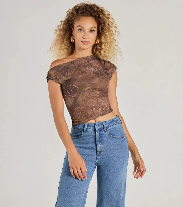 Trendy One-Shoulder Boho Print Crop Top sold by Windsor