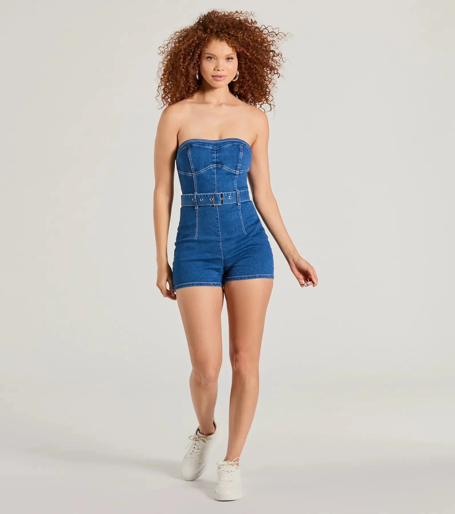 Cutie Alert Strapless Belted Denim Romper sold by Windsor