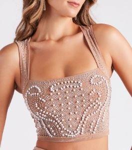 Looking Glam Rhinestone And Pearl Crop Top sold by Windsor