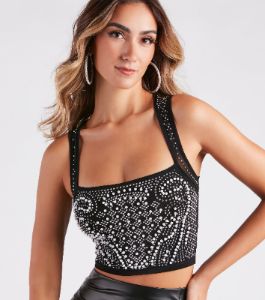 Looking Glam Rhinestone And Pearl Crop Top sold by Windsor
