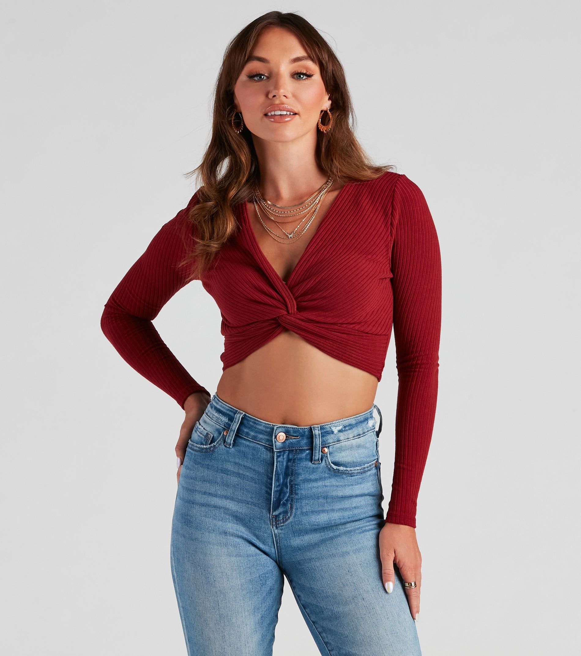 Trendy Twist-Front Ribbed Knit Crop Top sold by Windsor