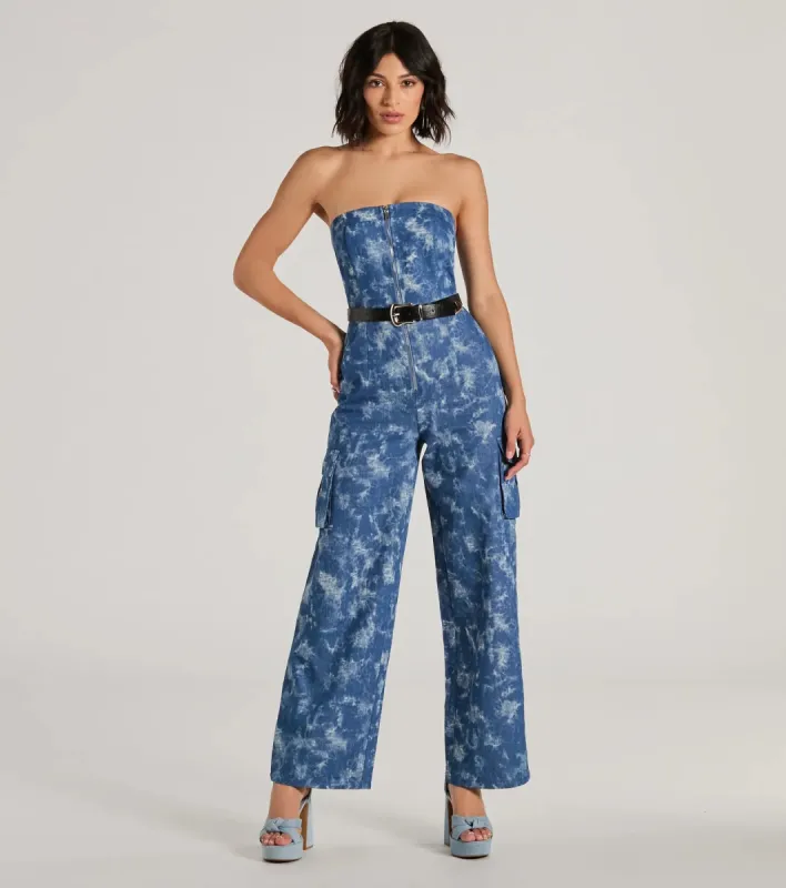 Good Vibes Strapless Tie-Dye Wide-Leg Cargo Jumpsuit sold by Windsor