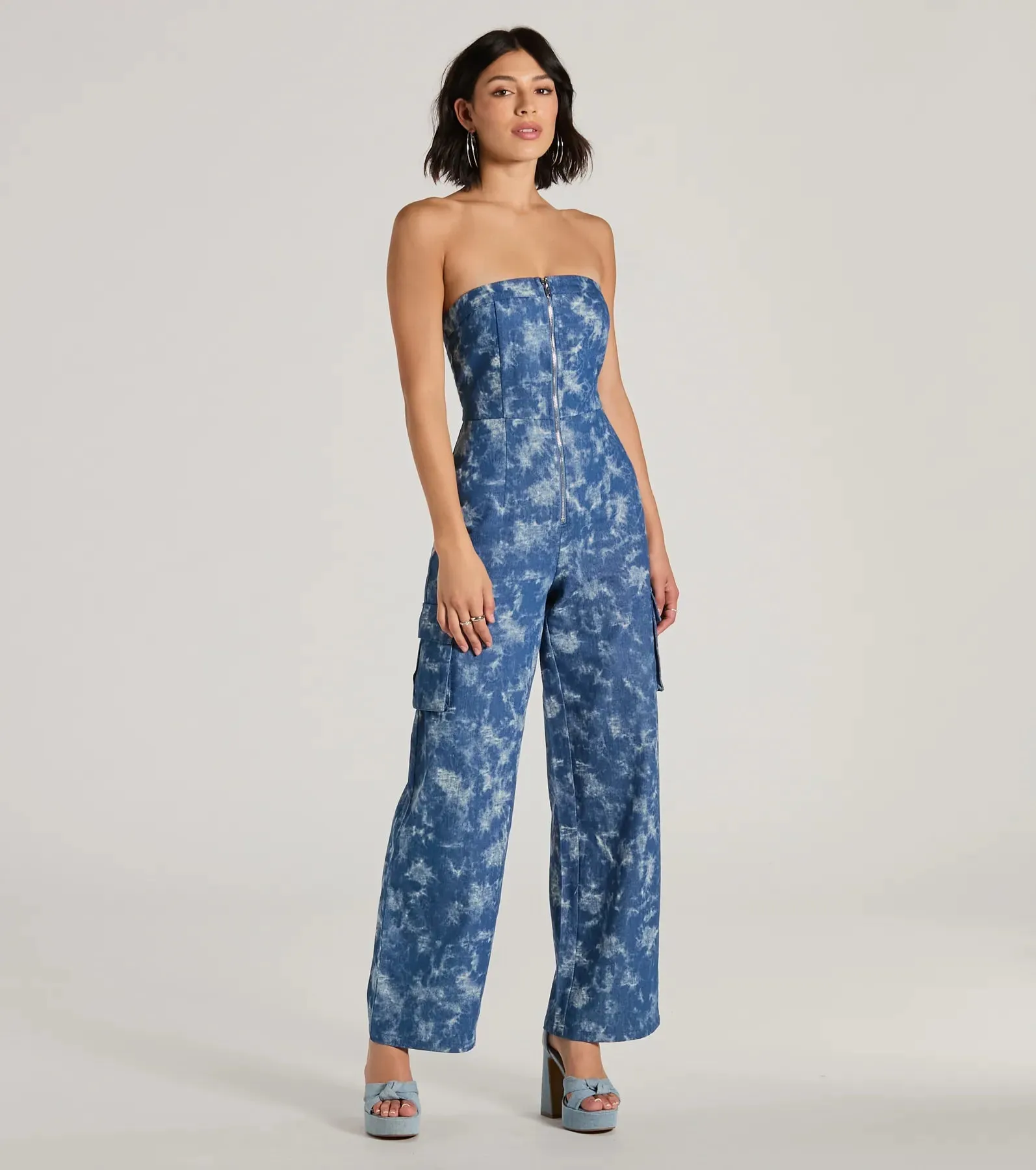 Good Vibes Strapless Tie-Dye Wide-Leg Cargo Jumpsuit sold by Windsor product image thumbnail 4