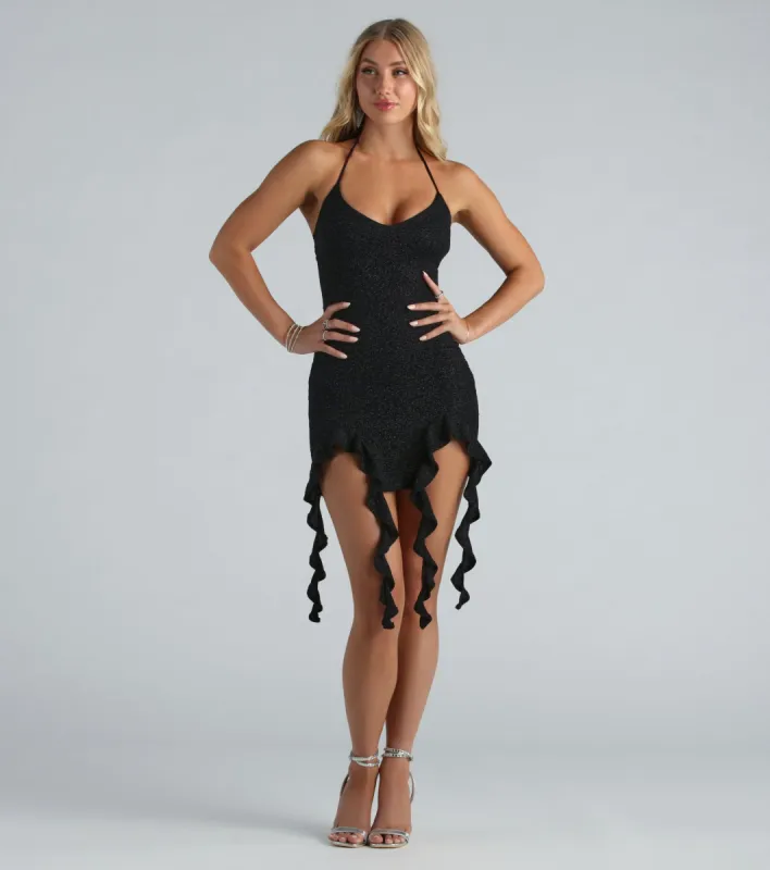 Bring The Sparks Glitter Halter Ruffle Mini Dress sold by Windsor