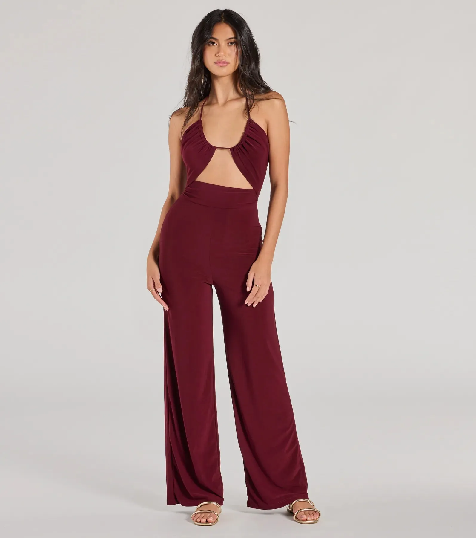 Enticing Sass Halter Cutout Wide-Leg Jumpsuit sold by Windsor