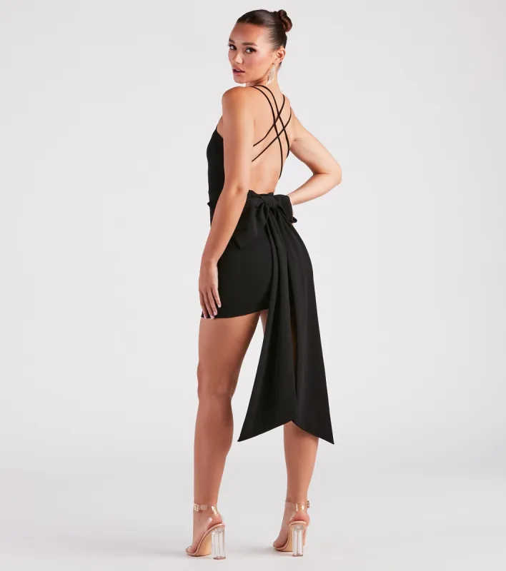 Strike A Pose Crepe Bow Back Mini Dress sold by Windsor