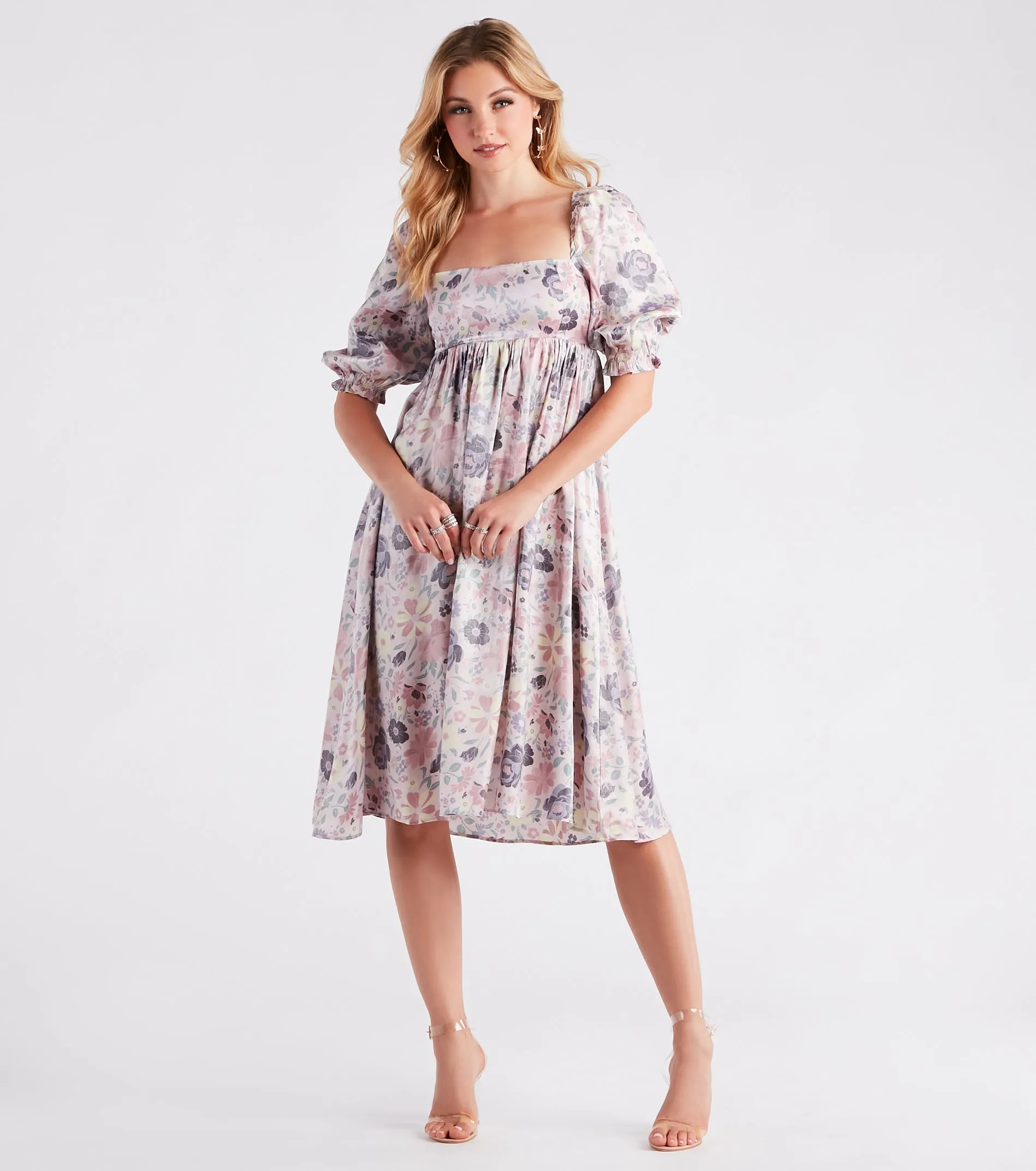 Take In The Beauty Satin Floral Midi Dress sold by Windsor