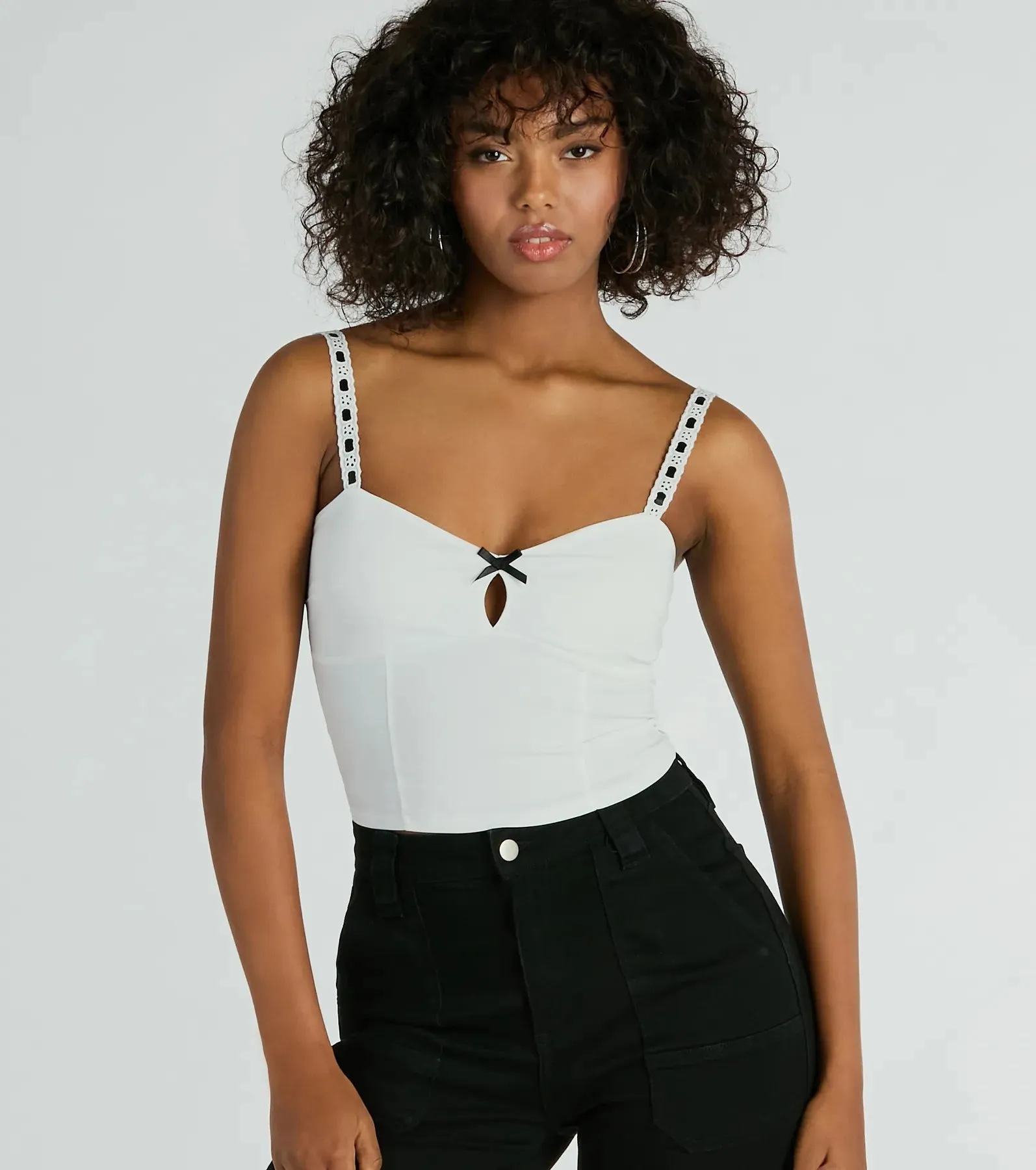 Simply Delicate Lace Trim Bow Crop Top sold by Windsor