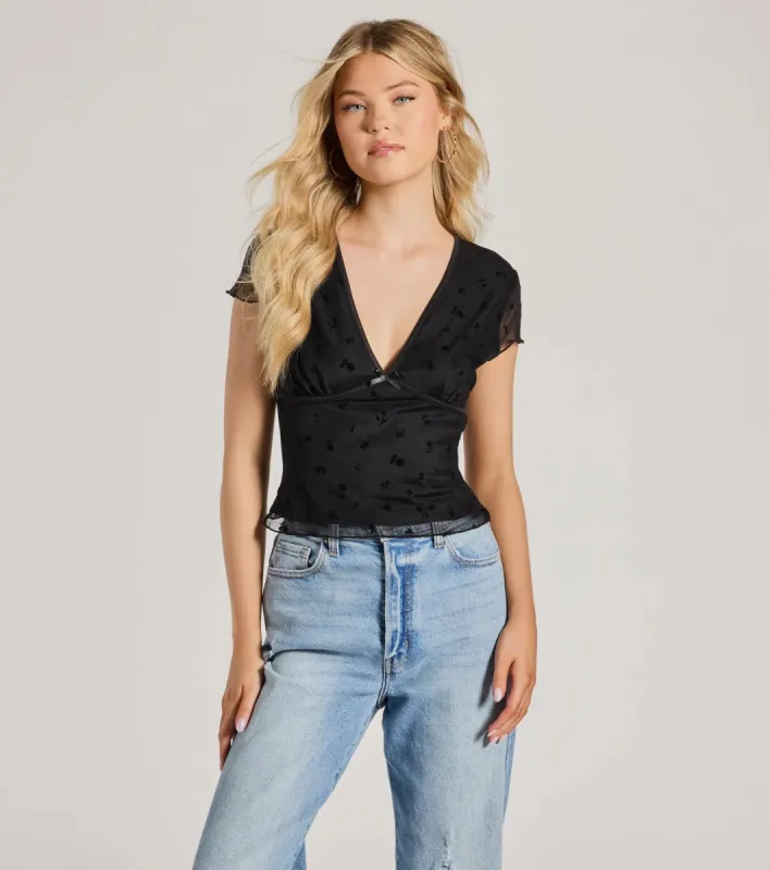 Mood Set V-Neck Floral Velvet Pattern Mesh Top sold by Windsor