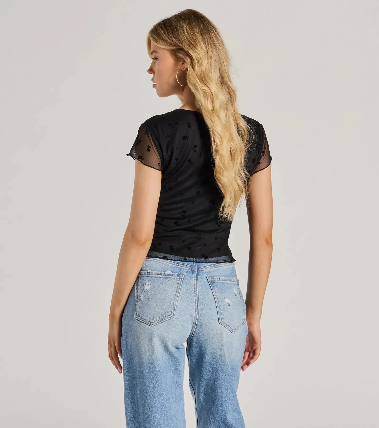 Mood Set V-Neck Floral Velvet Pattern Mesh Top sold by Windsor product image thumbnail 3