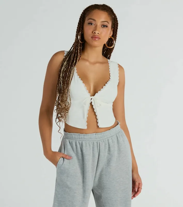 So Fresh Lace-Trim Linen Cropped Tank Top sold by Windsor