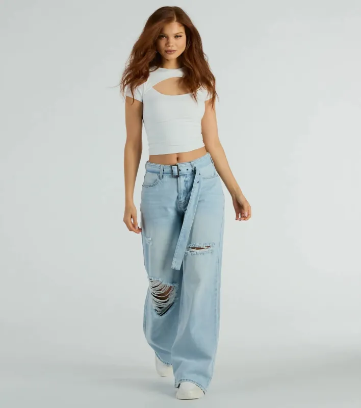 Cool Vibes High-Rise Belted Destructed Wide-Leg Jeans sold by Windsor