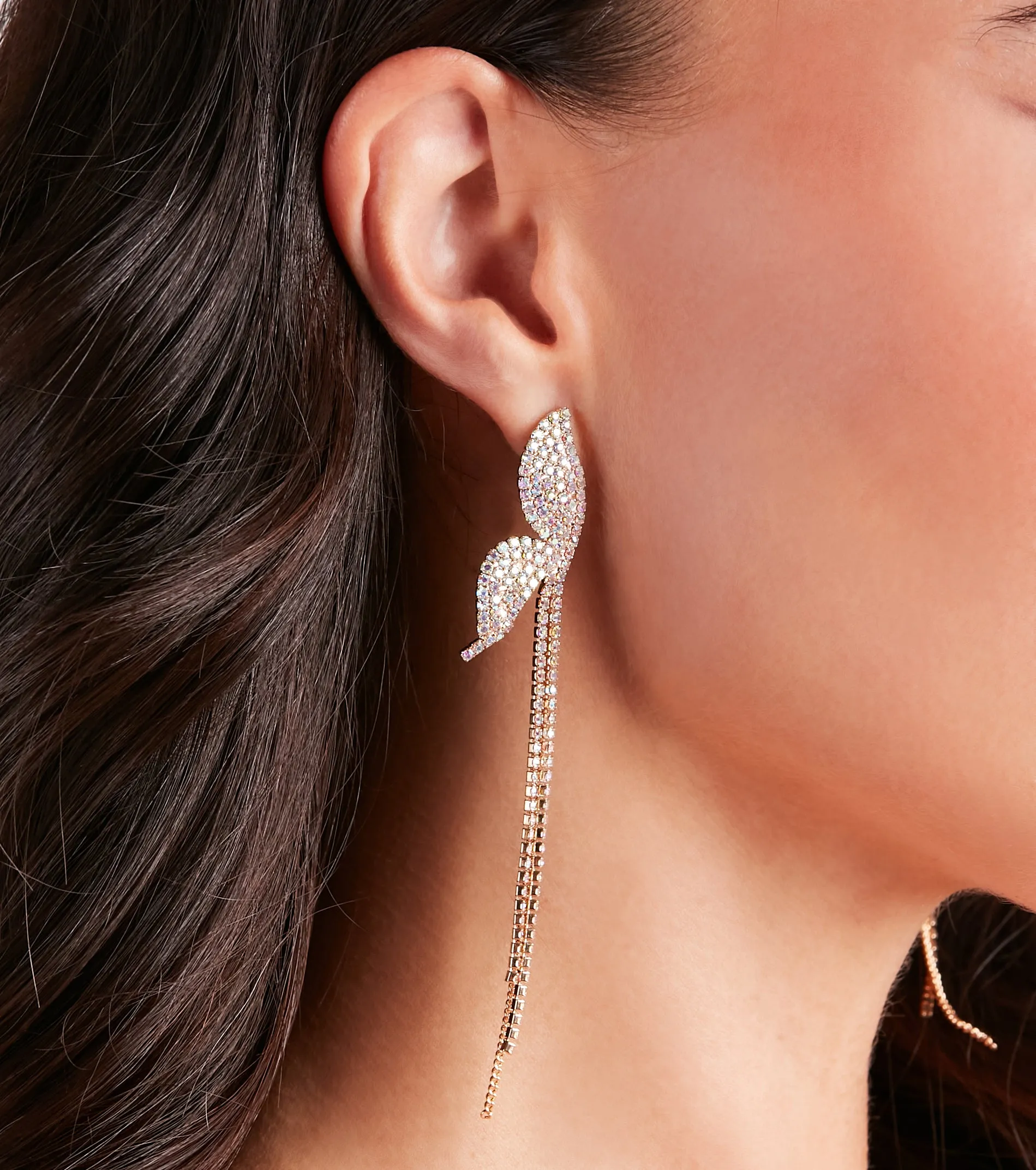 Enchanting Sparkle Rhinestone Butterfly Fringe Earrings sold by Windsor
