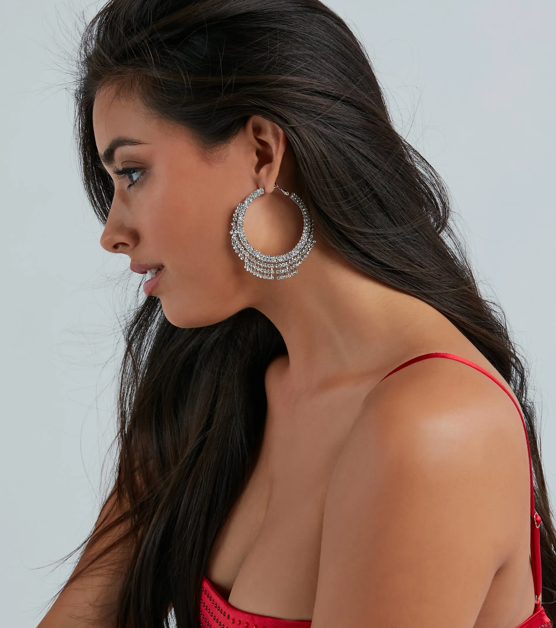 Major Beauty Rhinestone Fringe Hoop Earrings sold by Windsor