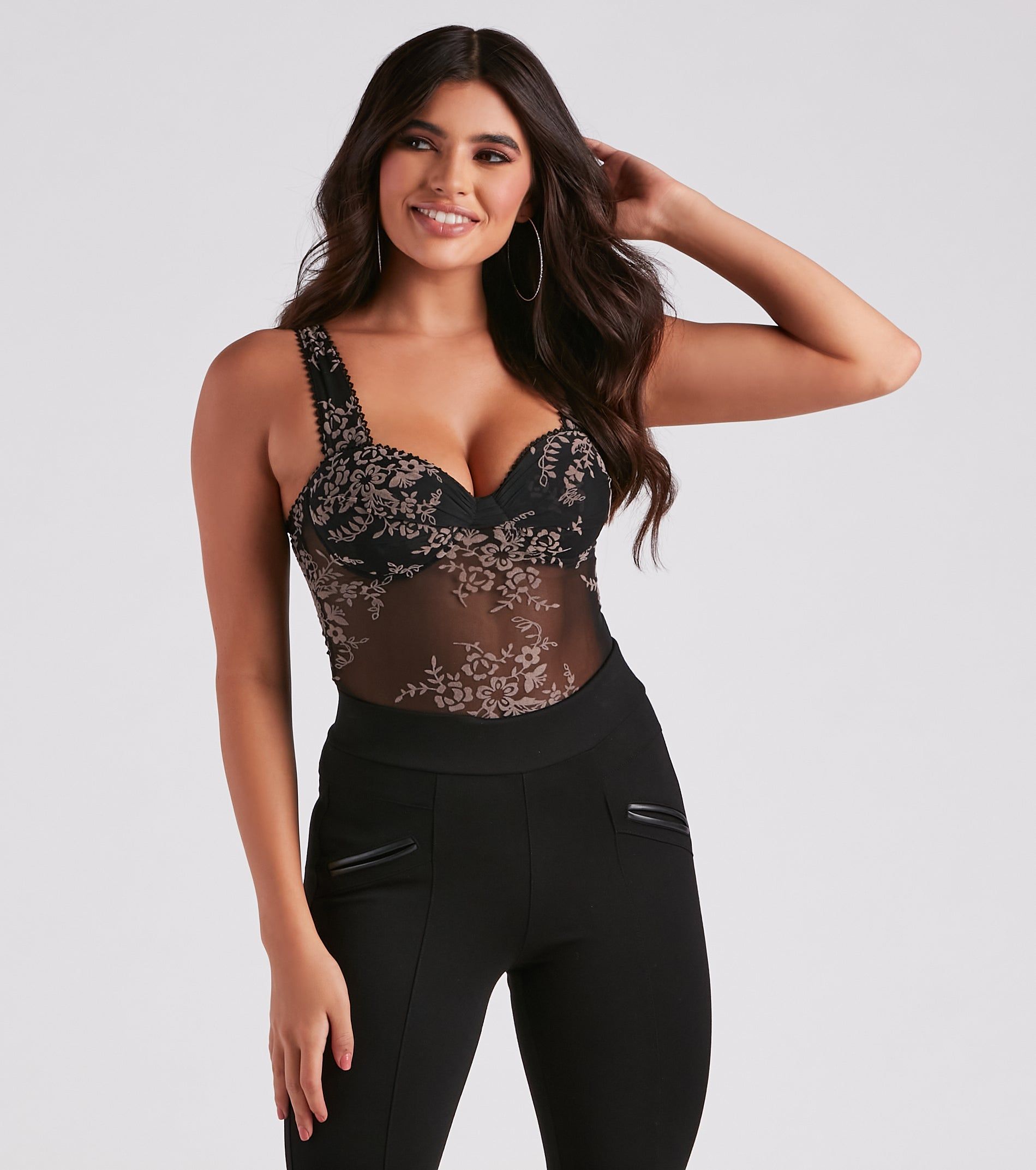 Bring The Allure Mesh Floral Bodysuit sold by Windsor