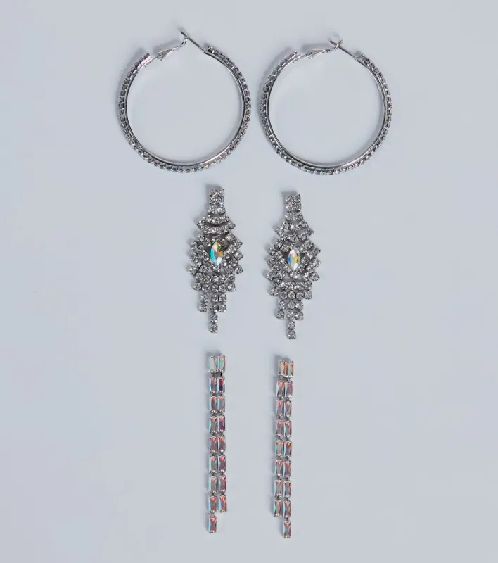 Iridescent Shimmer Three-Pack Rhinestone Earring Set sold by Windsor
