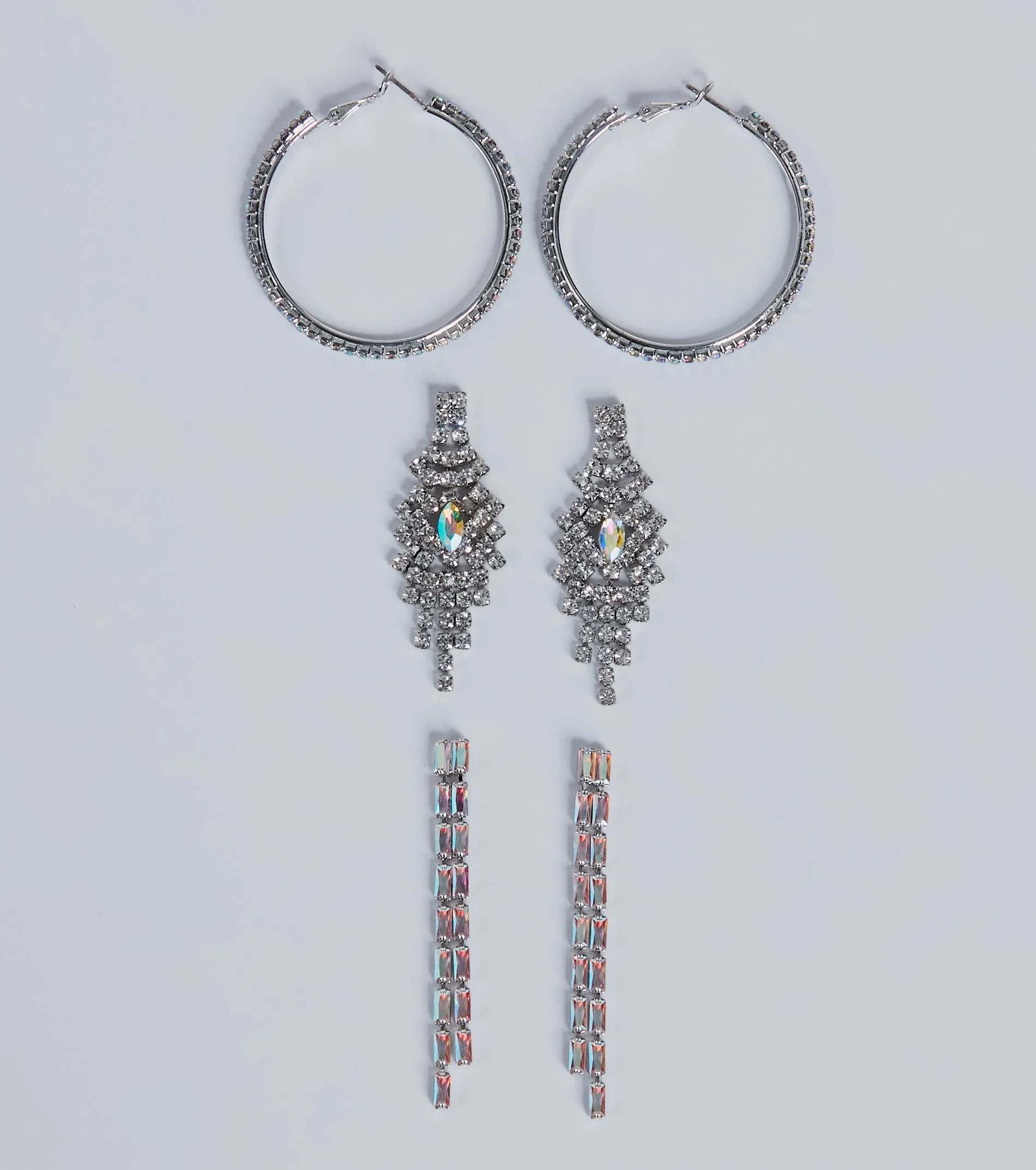 Iridescent Shimmer Three-Pack Rhinestone Earring Set sold by Windsor