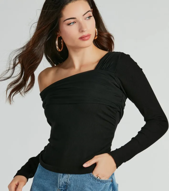 Chic Asymmetric Off-Shoulder Long Sleeve Knit Top sold by Windsor