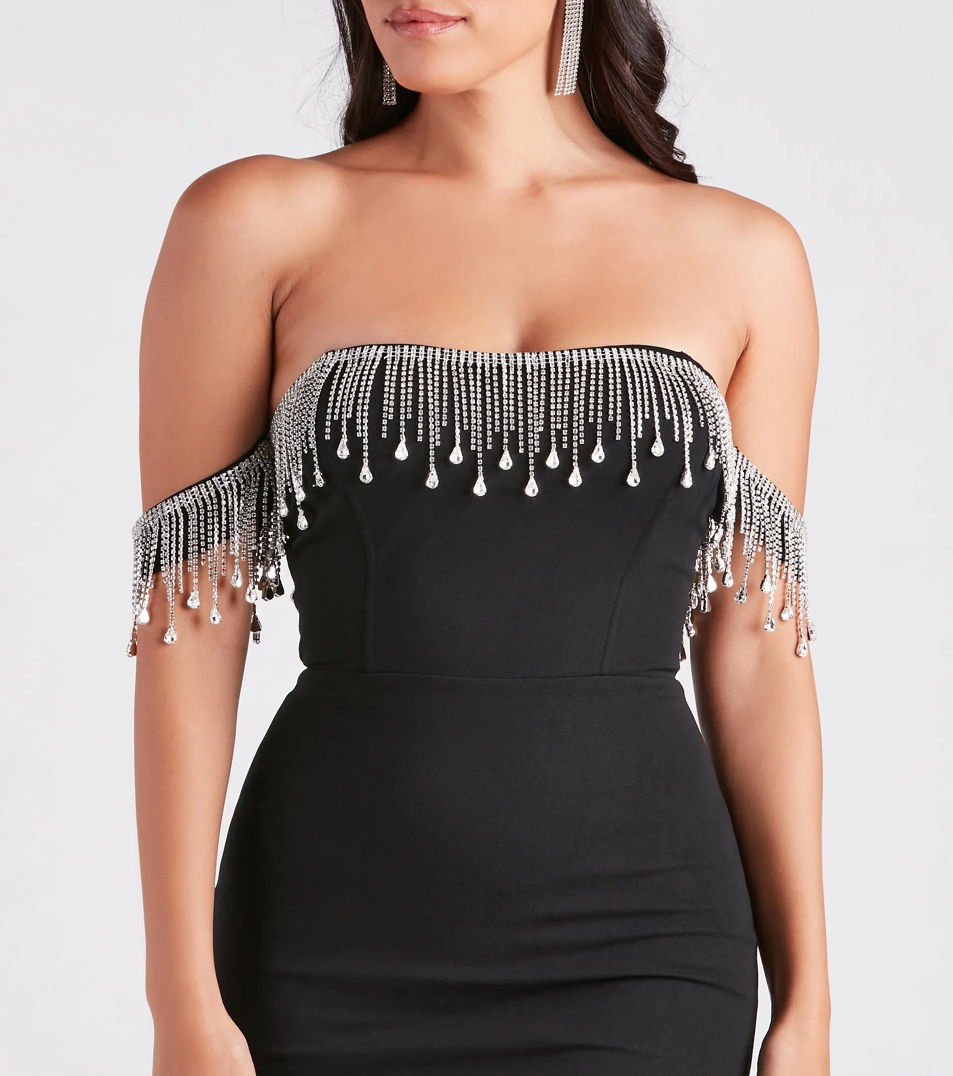 Shaylee Rhinestone Fringe Off-The-Shoulder Dress sold by Windsor product image thumbnail 4